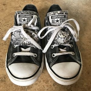 Girls black double tongue Converse sneakers